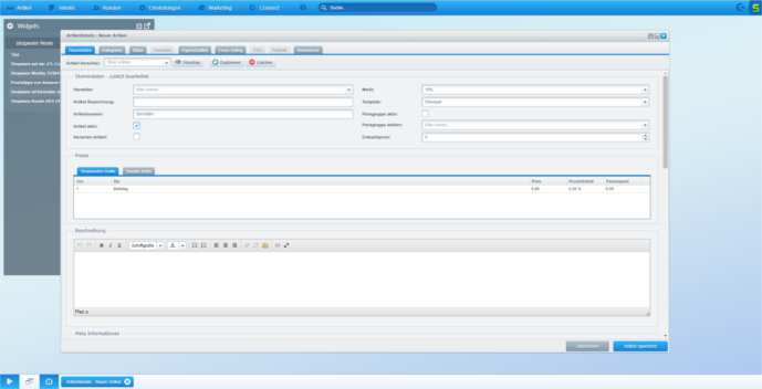 Shopware Backend neue interessante Artikel anlegen und vermarkten